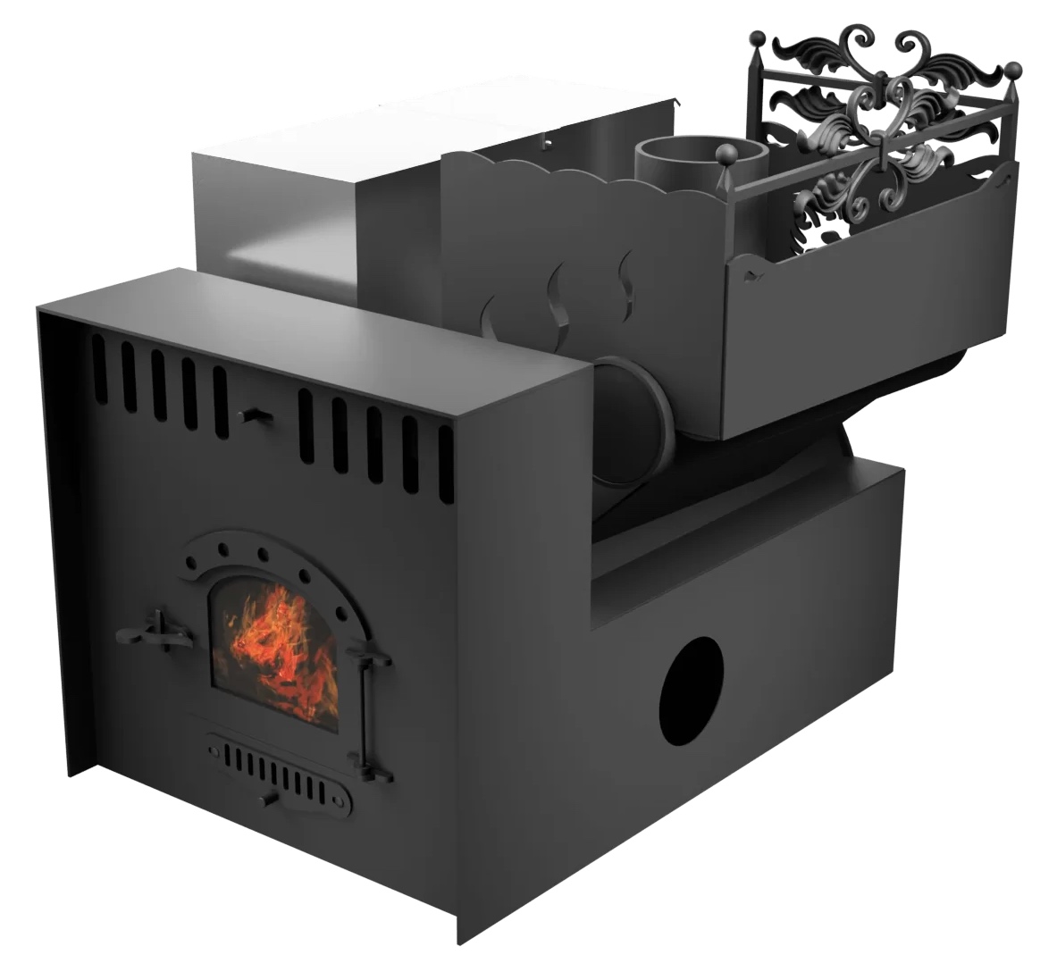 Печь Горыныч 3, каменка с правой стороны, малая дверь со стеклом, система воздушного отопления с порталом фото в Воронеже