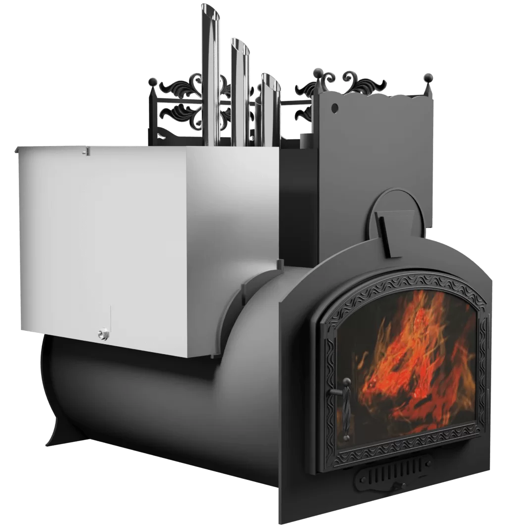 Печь Горыныч 3, каменка закрытая с парогенератором с правой стороны, большая дверь со стеклом фото в Воронеже